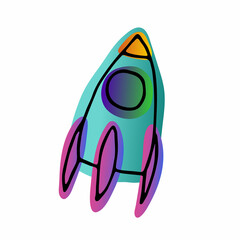 Bright space doodle sticker. Rocket isolated on white background. Gradient purple, orange, blue neon color astronomical object. Spaceship symbol of travel, education. Vector science cute illustration