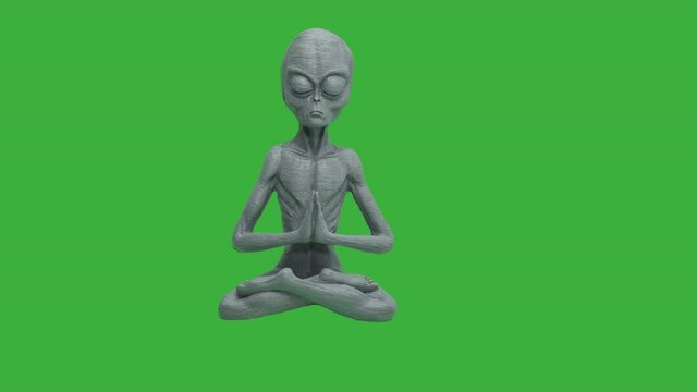 Close up of praying Alien in motion in front of green screen