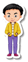 A boy wears bomber jacket cartoon character sticker