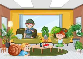 Interior of living room with children