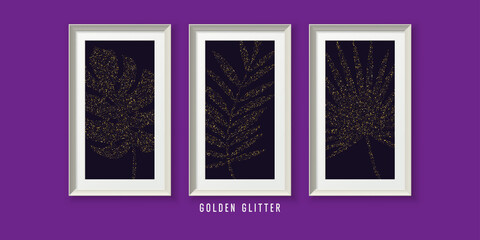 An image of tropical leaves in frames. Golden glitter. A modern poster for design.