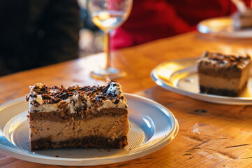 Chestnut cake served on rustic wooden table