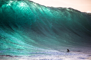 A surfer paddles near a large wave in Tasmania
