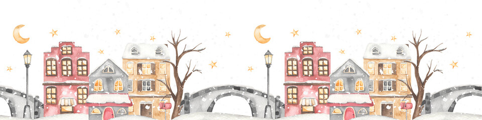 Watercolor seamless border with winter european city, bridge, lantern, snow