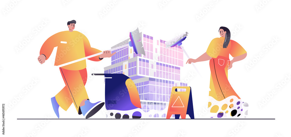 Aufkleber cleaning service concept for web banner. man and woman employees with mops clean office spaces or do
