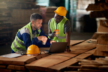 Warehouse workers cooperate while working on laptop at lumber compartment.