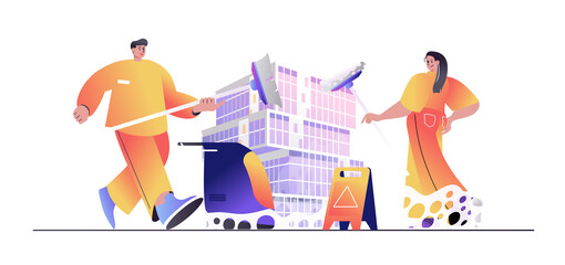 Naklejka premium Cleaning service concept for web banner. Man and woman employees with mops clean office spaces or do housework modern people scene. Vector illustration in flat cartoon design with person characters