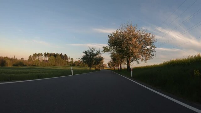 Car driving in evening spring rural countryside road on a sunny day. Landscape with trees and blue sky with sunlight, travel and transportation concepts. POV view