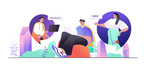 Video conference concept for web banner. Man and woman makes video call and talking, friends in group chat, modern people scene. Vector illustration in flat cartoon design with person characters