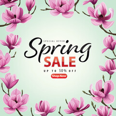 Enjoy spring sale with blooming beautiful Magnolia flowers background template. Vector set of exotic tropical garden for web design, voucher, brochures and banners design.
