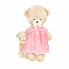 Watercolor illustration of teddy bear mum toy with teddy bear. Perfect for scrapbooking, printing, textiles, web design, gift ideas, and more.