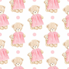 Watercolor pattern for a girl with a mother bear and a bear cub. Perfect for scrapbooking, printing, textiles, web design, gift ideas, and more.