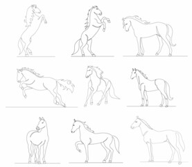 set of horse drawing one continuous line vector