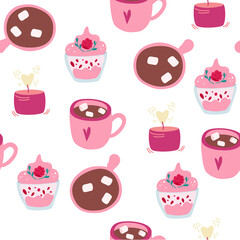 Coffee and cakes seamless pattern. Marshmallow, strawberry, pancetta and candles. Perfect for Valentine’s day gift wrapping, fabric, poster or banner background. Vector cartoon illustration.