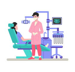 Dentist doctor and patient in dental chair vector illustration
