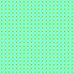 Seamless blue tone polka dots on a yellow background, small light blue circles lining the frame for the background.