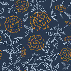 Vector marigold seamless pattern background.Perfect for wrapping paper, scrapbooking, fabric, textile, wedding invitations.