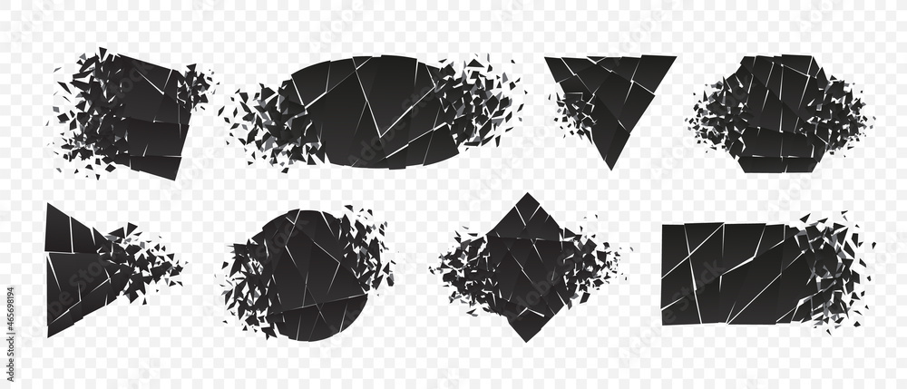 Wall mural shape explosion broken and shattered flat style design vector illustration set isolated on transpare