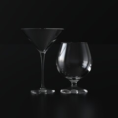 Martini glass and brandy glass. Two glasses of different shapes. Dark background. 3d rendering