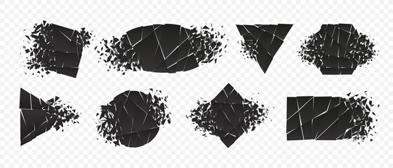 Shape explosion broken and shattered flat style design vector illustration set isolated on transparent background. Rhombus, hexagon, triangle, pentagon, rectangle shape grayscale exploding demolition.