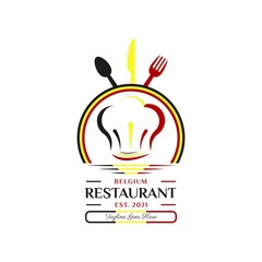 Belgium Food Restaurant Logo. Belgium flag symbol with Spoon, chef hat, knife, and Fork icons. Premium and Luxury Logo