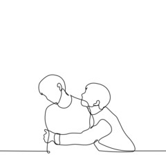 man hugs another who turns away - one line drawing. the concept of communication between tactile and non-tactile people; introvert and extrovert; sympathize and reject