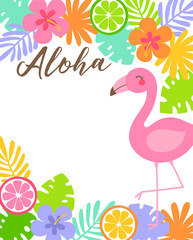Cute flamingo with tropical flower and leaf border illustration for party invitation card template.