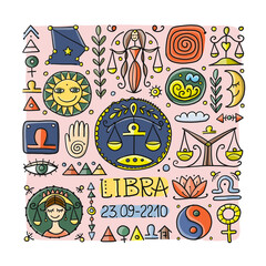 Illustration of Libra zodiac sign. Element of Air. Design of Astrology Calendar, Horoscope, Print.