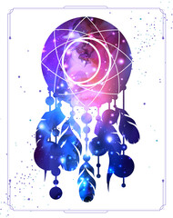 Fototapeta premium Modern magic witchcraft card with dream Catcher with outer space background inside. Vector illustration