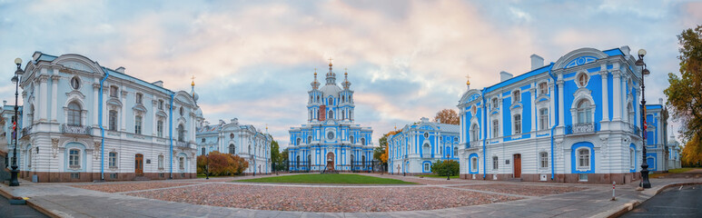 Fototapeta na wymiar Smolny Convent or Smolny Convent of the Resurrection. Architectural masterpieces. Panorama