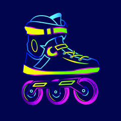 Rolling skate neon art logo. Inline skater colorful design with dark background. Sport shoes vector illustration
