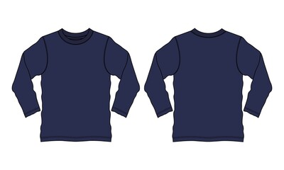 Long Sleeve basic T shirt Technical Fashion Flat sketch Vector Illustration Navy  Color Template Front And back views. Apparel design Mock up drawing illustration. Easy edit and customizable.