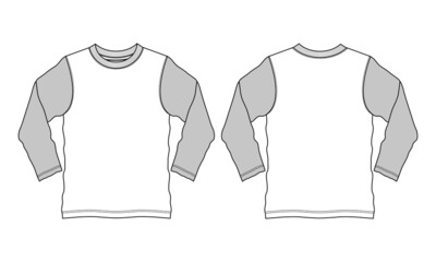 Two tone White, grey Long Sleeve basic T shirt Technical Fashion Flat sketch Vector Illustration Template Front And back views. Apparel design Mock up drawing illustration. Easy edit and customizable.