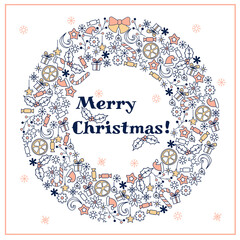 Christmas card. Christmas wreath with bells and christmas attributes. Doodle style illustration