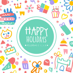 Fototapeta na wymiar Fun and Holiday Bright Card with Doodle Cake and Elements Vector Hand Drawn Template