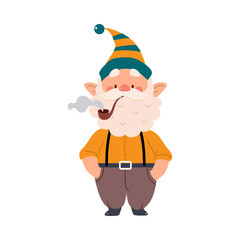 Cute Gnome Character with White Beard in Pointy Hat Smoking Pipe Vector Illustration
