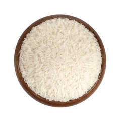 rice grain in wood bowl on white background.