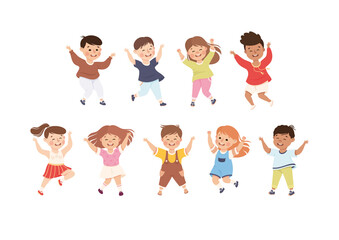 Happy Children Jumping with Joy and Hands Up Cheering and Having Fun Vector Set