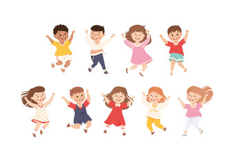 Happy Children Jumping with Joy and Hands Up Cheering and Having Fun Vector Set
