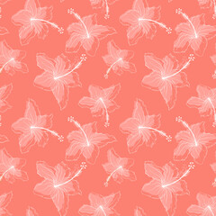 Fototapeta na wymiar Hibiscus flowers outline irregular seamless pattern. Random repeat floral tropical endless texture. Exotic pastel boundless background. Summer paradise plants toss repeat surface design