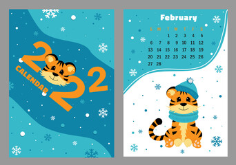 Obraz na płótnie Canvas Calendar 2022 with symbol of the year tiger. Cute little tiger vector illustration. Week starts on Sunday. A set of cover and page of February in size A3, A4, A5 vertical format. EPS10.