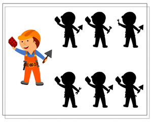 A logic game for kids find the right shadow, a builder builds a wall. vector isolated on a white background