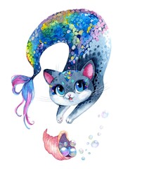 Set of watercolor cliparts. Cute mystical cats. Witch cats in a hat, a ghost cat, an angel cat and a demon, a fairy cat, a mermaid cat