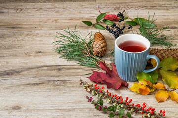 autumn leaves, berries, pine cones, tea in a mug on a wooden background