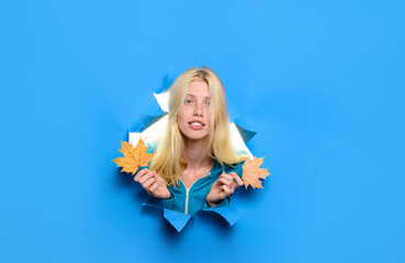 Serious woman with maple leaves. Autumn mood. Yellow maple leaf. Blonde girl holds leaf in hand....