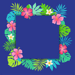 Fototapeta na wymiar Square frame of tropical flowers and leaves for card design template.