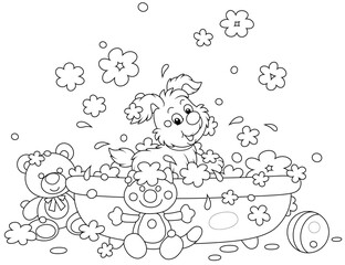 Happy little puppy washing, playing in a bubble bath and splashing with foam, black and white outline vector cartoon illustration for a coloring book page