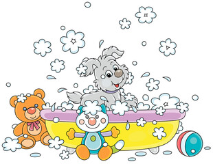 Happy little puppy washing, playing in a bubble bath and splashing with foam, vector cartoon illustration isolated on a white background