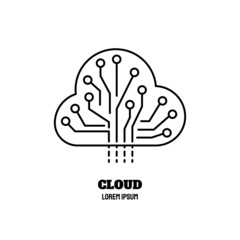 Artificial intelligence and machine learning line icon. Cloud AI.Simple thin outline pictogram. AI concept. Innovative robotic technology element. Cpu,cloud. Editable stroke vector illustration