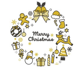 シンプルでかわいいクリスマスのリースのベクターイラスト素材／枠／リボン／モノクロ